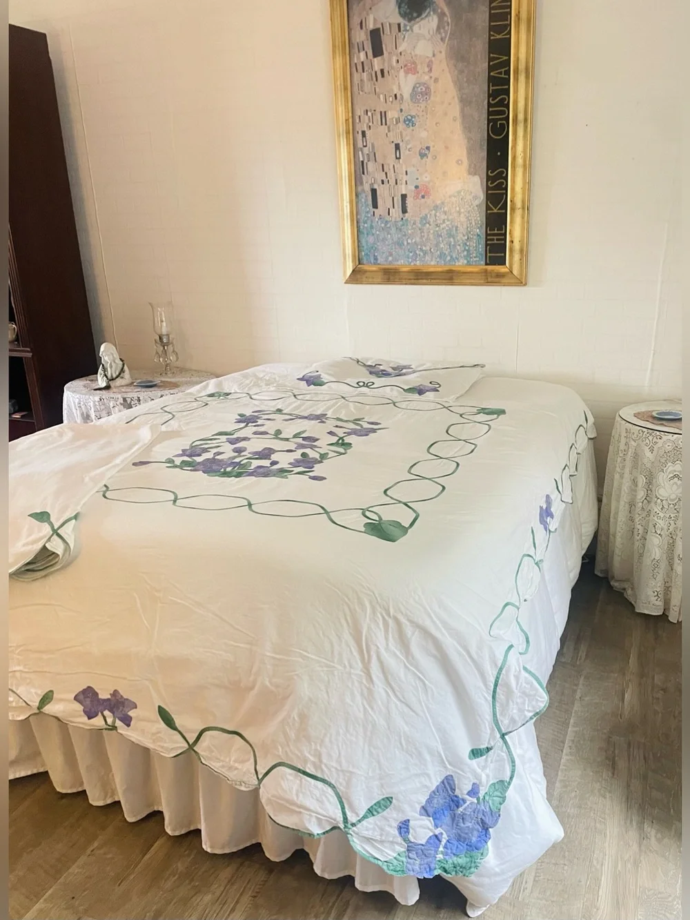 Vintage Duvet Sham Bedskirt Set Purple Iris Appliqué w Green Trellis Twin Sz